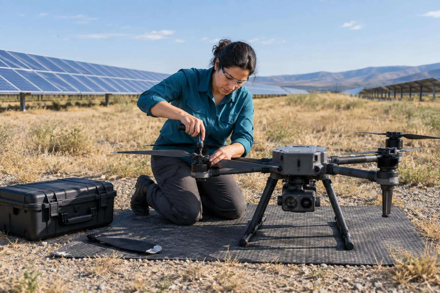 Drone thermography pilot replaces a chipped propeller beside solar panels, with spare batteries in an open case.